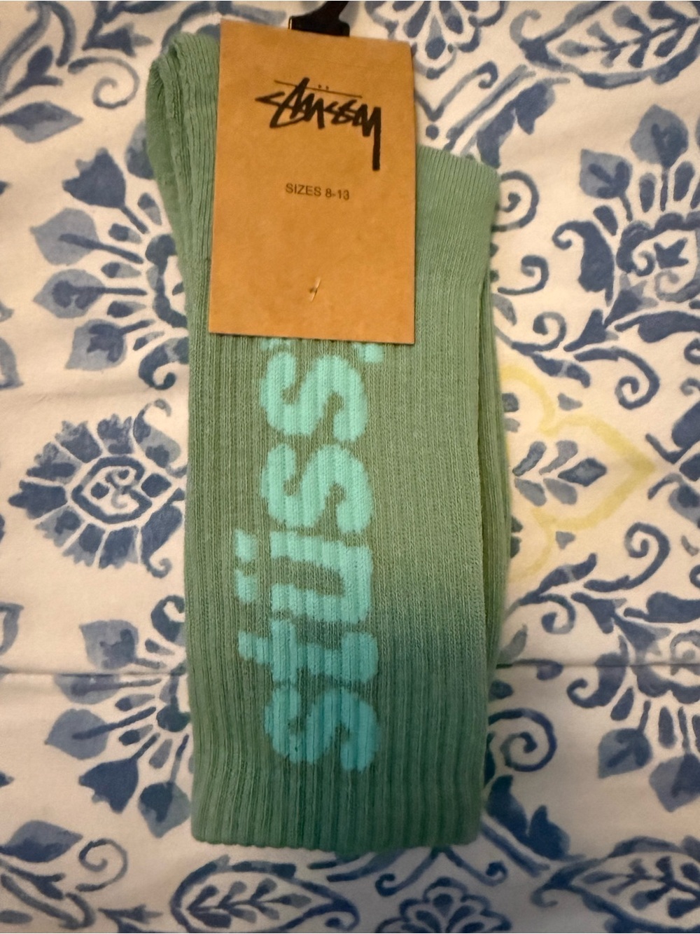 Stussy Helvetica Mint Green Crew Socks with Logo